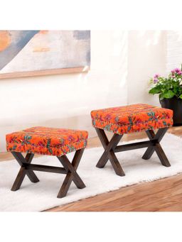 Ikiriya - Rosslyn Sheesham Wood Pack Of 2 Ottoman / Pouffes Bird Print Orange Kantha (1 Year Warranty)