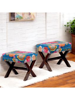 Ikiriya - Rosslyn Sheesham Wood Pack Of 2 Ottoman / Pouffes Fruit Print Blue Kantha (1 Year Warranty)