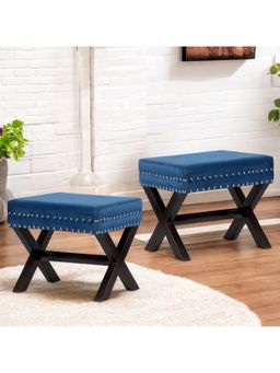 Ikiriya - Rosslyn Sheesham Wood Pack Of 2 Ottoman / Pouffes Navy Blue Velvet (1 Year Warranty)