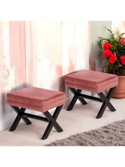 Ikiriya - Rosslyn Sheesham Wood Pack Of 2 Ottoman / Pouffes Coral Pink Velvet (1 Year Warranty)