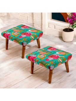 Ikiriya - Queens Sheesham Wood Pack Of 2 Ottoman / Pouffes Sea Green Fruit Print Kantha (1 Year Warranty)