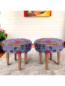 Ikiriya - Nayla Sheesham Wood Mid Century Pack Of 2 Stools Grey Brid Print Kantha Teak Finish (1 Year Warranty)