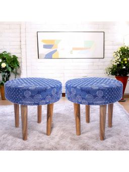 Ikiriya - Nayla Sheesham Wood Pack Of 2 Stools Indigo Patchwork Kantha Teak Finish (1 Year Warranty)