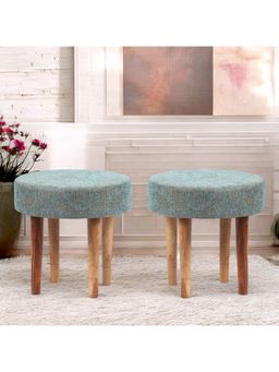 Ikiriya - Nayla Sheesham Wood Pack Of 2 Stools Blue Jacquard Work Fabric Teak Finish (1 Year Warranty)