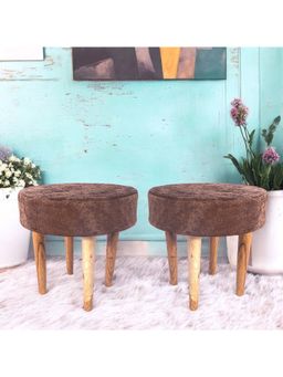 Ikiriya - Nayla Sheesham Wood Pack Of 2 Stools Caramel Brown Sparkle Velvet Teak Finish (1 Year Warranty)