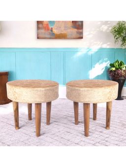 Ikiriya - Nayla Sheesham Wood Contemporary Pack Of 2 Stools Beige Sparkle Velvet Teak Finish (1 Year Warranty)