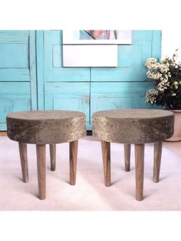 Ikiriya - Nayla Sheesham Wood Contemporary Pack Of 2 Stools Green Sparkle Velvet Teak Finish (1 Year Warranty)
