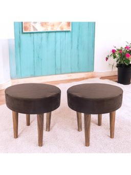 Ikiriya - Nayla Sheesham Wood Contemporary Pack Of 2 Stools Taupe Brown Velvet Teak Finish (1 Year Warranty)