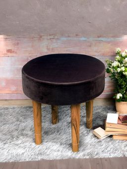 Ikiriya - Nayla Sheesham Wood Contemporary Stool Taupe Brown Velvet Teak Finish (1 Year Warranty)