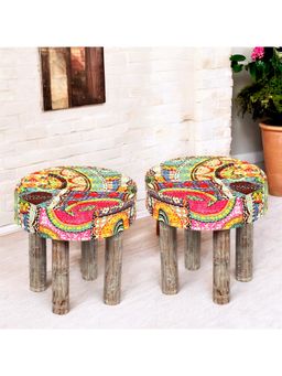 Ikiriya - Kingsville Sheesham Wood Pack Of 2 Stools Israel Print Patchwork Kantha (1 Year Warranty)