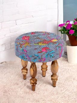 Ikiriya - Roswell Sheesham Wood Mid Century Stool Grey Brid Print Kantha Teak Finish (1 Year Warranty)