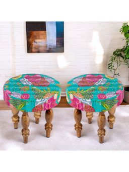 Ikiriya - Roswell Sheesham Wood Pack Of 2 Stools Sea Green Fruit Print Kantha Teak Finish (1 Year Warranty)