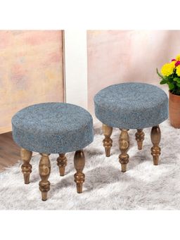 Ikiriya - Roswell Sheesham Wood Pack Of 2 Stools Blue Jacquard Work Fabric Teak Finish (1 Year Warranty)