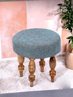 Ikiriya - Roswell Sheesham Wood Contemporary Stool Blue Jacquard Work Fabric Teak Finish (1 Year Warranty)