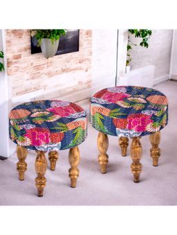 Ikiriya - Roswell Sheesham Wood Pack Of 2 Stools Fruit Print Blue Kantha Teak Finish (1 Year Warranty)