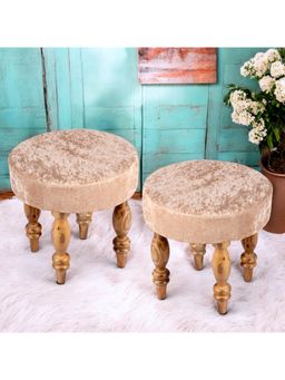 Ikiriya - Roswell Sheesham Wood Pack Of 2 Stools Beige Sparkle Velvet Teak Finish (1 Year Warranty)