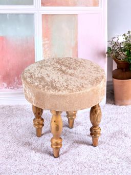 Ikiriya - Roswell Sheesham Wood Contemporary Stool Beige Sparkle Velvet Teak Finish (1 Year Warranty)