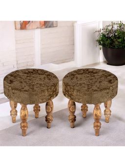 Ikiriya - Roswell Sheesham Wood Pack Of 2 Stools Green Sparkle Velvet Teak Finish (1 Year Warranty)