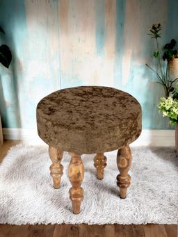 Ikiriya - Roswell Sheesham Wood Contemporary Stool Green Sparkle Velvet Teak Finish (1 Year Warranty)