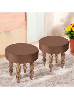 Ikiriya - Roswell Sheesham Wood Contemporary Pack Of 2 Stools Taupe Brown Velvet Teak Finish (1 Year Warranty)