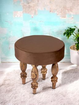Ikiriya - Roswell Sheesham Wood Contemporary Stool Taupe Brown Velvet Teak Finish (1 Year Warranty)