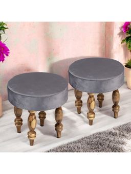 Ikiriya - Roswell Sheesham Wood Contemporary Pack Of 2 Stools Iron Grey Velvet Teak Finish (1 Year Warranty)