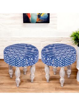 Ikiriya - Roswell Sheesham Wood Pack Of 2 Stools Indigo Patchwork Kantha Antique Grey Finish (1 Year Warranty)