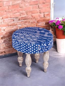 Ikiriya - Roswell Sheesham Wood Stool Indigo Patchwork Kantha Antique Grey Finish (1 Year Warranty)