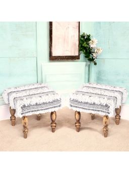 Ikiriya - Lisbon Sheesham Wood Pack Of 2 Stools Grey Fabric with Fringes Teak Finish (1 Year Warranty)