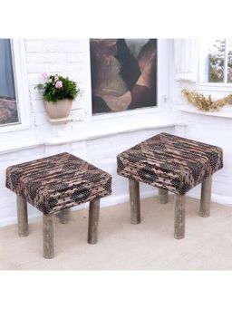 Ikiriya - Lisbon Sheesham Wood Parisian Pack Of 2 Stools Multi-Colour Jacquard Work Fabric (1 Year Warranty)