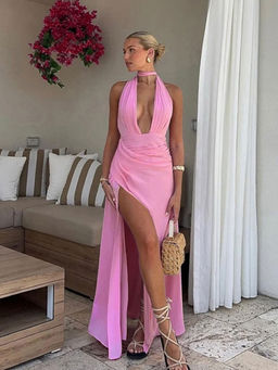 PARTIQ - Pink U-Neck Halter Strap Pleated Slit Dress