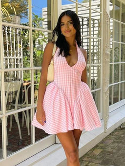 PARTIQ - Pink Mini Grid Neck Hanging Fluffy Dress