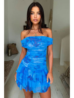 PARTIQ - Blue Printed Off Shoulder Fitted Mini Dress