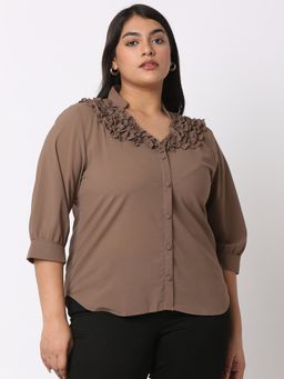 MISH - Curves By MISH Brown Solid with Ruffle Detail Shirt