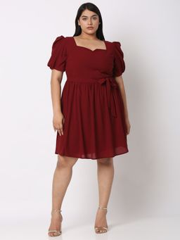 MISH - Curves By MISH Maroon Puff Sleeve Sweetheart Neck Dress