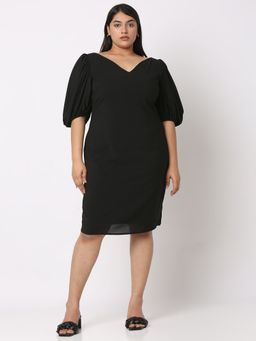 MISH - Curves By MISH Black Solid V-Neck Knee Length Dress