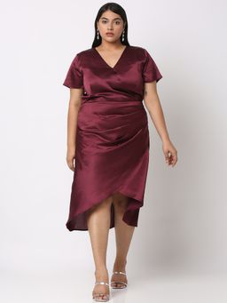 MISH - Curves By MISH Satin V-Neck Wrap Style Midi Dress