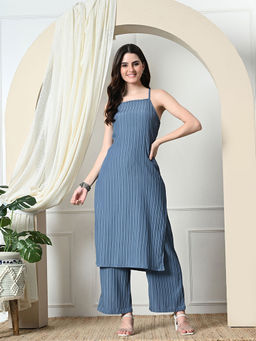 MYSHKA - Women Textured Shoulder Straps Sleeveless Blue Kurta with Palazzo (Set of 2)