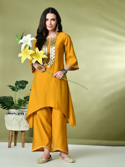 MYSHKA - Women Solid Round Neck Bell Sleeves Mustard Kurta with Palazzo (Set of 2)