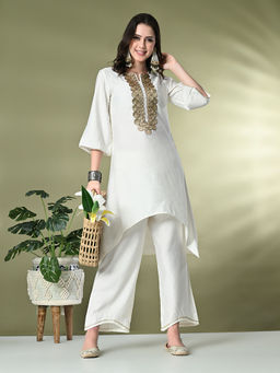 MYSHKA - Women Solid Round Neck Bell Sleeves White Kurta with Palazzo (Set of 2)