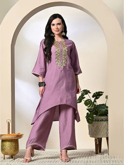 MYSHKA - Women Solid Round Neck Bell Sleeves Lavender Kurta with Palazzo (Set of 2)