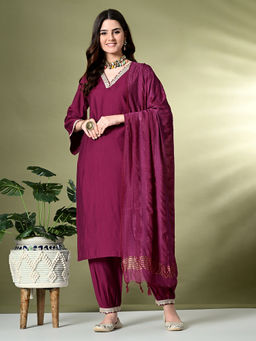 MYSHKA - Women Solid V-Neck Bell Sleeves Wine Kurta with Salwar and Dupatta (Set of 3)