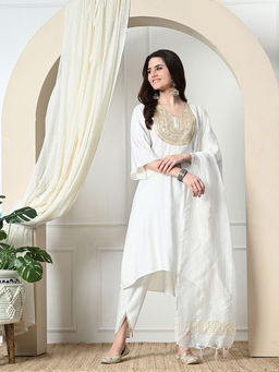 MYSHKA - Women Solid V-Neck Bell Sleeves White Kurta with Dhoti and Dupatta (Set of 3)