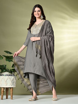 MYSHKA - Women Solid V-Neck Bell Sleeves Grey Kurta with Dhoti and Dupatta (Set of 3)