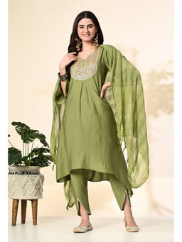MYSHKA - Women Solid V-Neck Bell Sleeves Green Kurta with Dhoti and Dupatta (Set of 3)