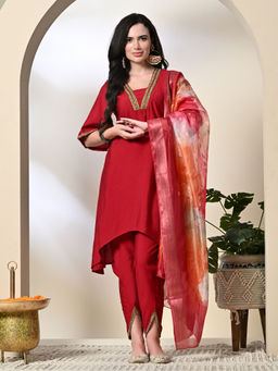 MYSHKA - Women Solid V-Neck Bell Sleeves Red Kurta with Dhoti and Dupatta (Set of 3)