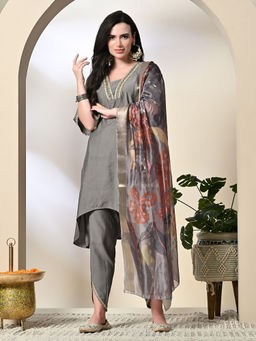 MYSHKA - Women Solid V-Neck Bell Sleeves Grey Kurta with Dhoti and Dupatta (Set of 3)