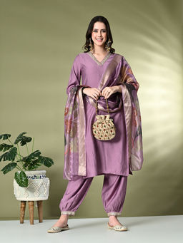 MYSHKA - Women Solid V-Neck Bell Sleeves Lavender Kurta with Salwar and Dupatta (Set of 3)