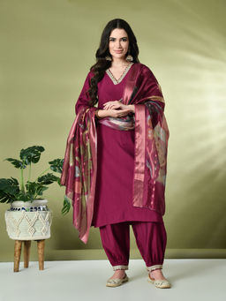 MYSHKA - Women Solid V-Neck Bell Sleeves Wine Kurta with Salwar and Dupatta (Set of 3)