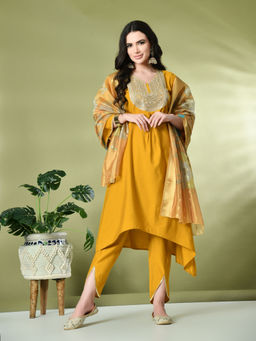 MYSHKA - Women Solid V-Neck Bell Sleeves Mustard Kurta with Dhoti and Dupatta (Set of 3)